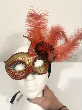 La Maschera del Galeone Pier 1 Venetian Mask Italy Red Gold Feather Rhinestone
